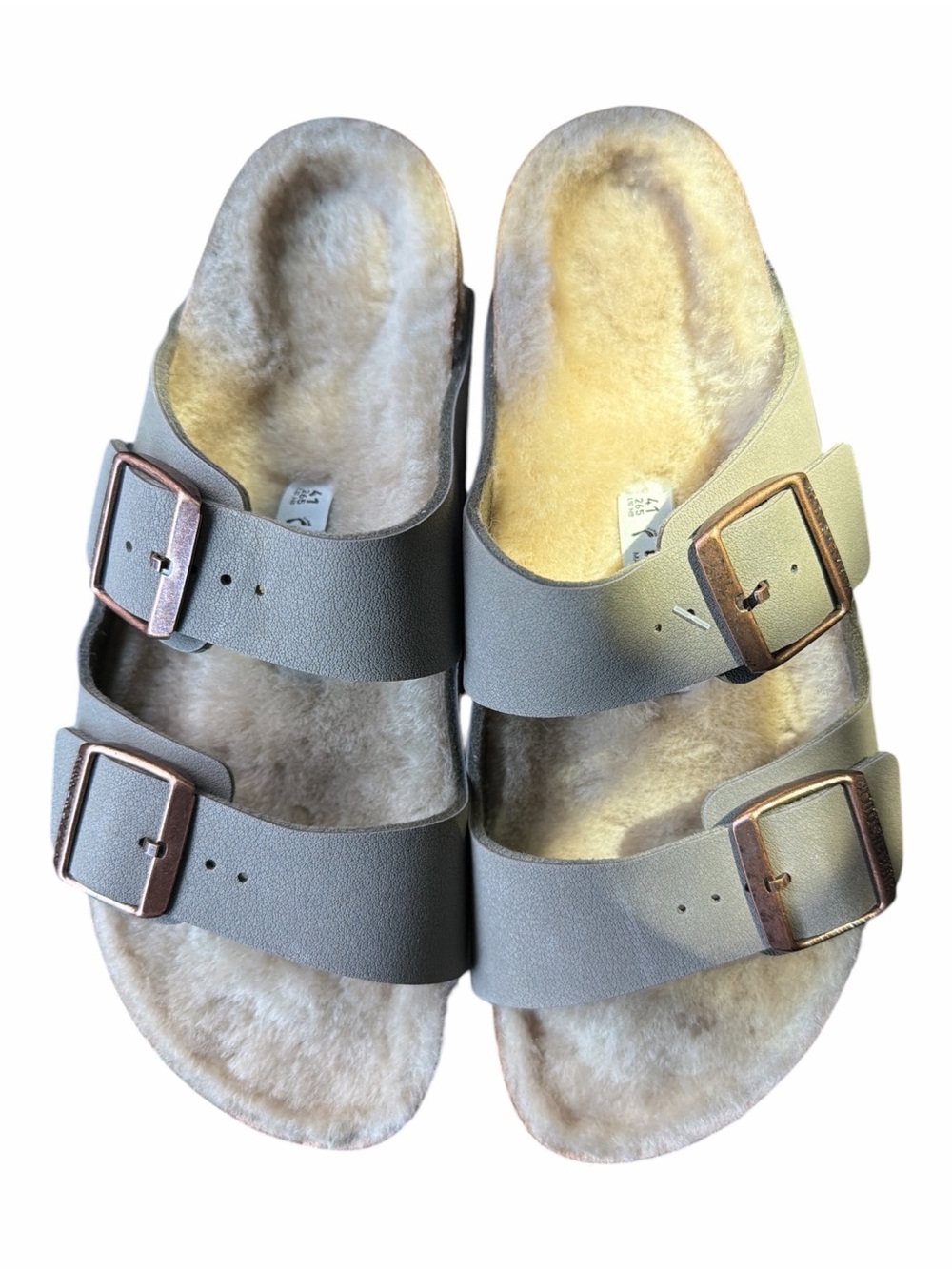 Birkenstock Double Buckle Shearling Slides - Light Gray